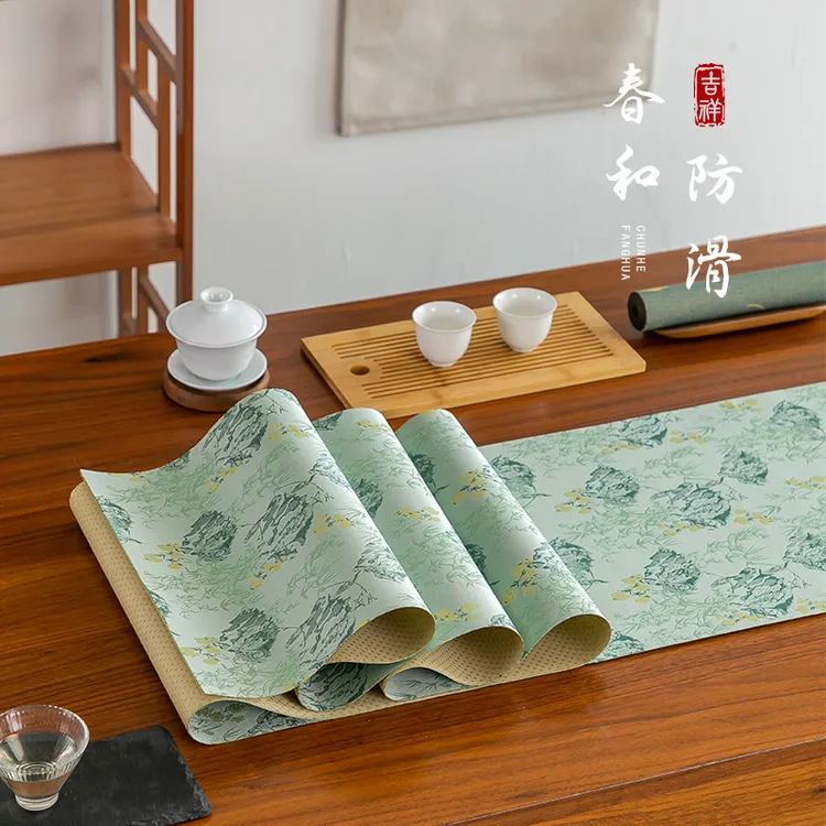 新中式织锦防滑茶席长桌旗绿色防水茶桌干泡垫子茶台桌布中式禅意