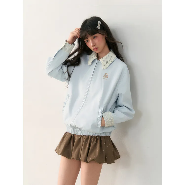 甜美风蕾丝领花边夹克外套女秋季新款设计感撞色拼接显瘦气质上衣