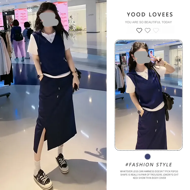 设计感大码运动风假两件休闲套装小个子时尚拼接短袖裙子两件套