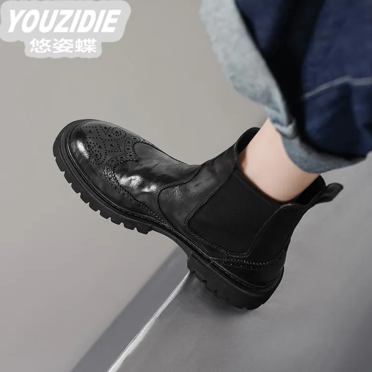 YOUZIDIE小羊皮厚底雕花切尔西靴女短靴子2025秋冬圆头英伦马丁靴