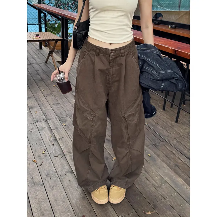 美式复古宽松直筒多口袋工装裤女阔腿拖地hiphop爵士街舞长裤
