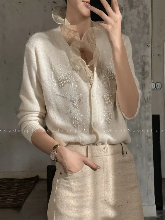 NeedShop1 【纯手工轻奢定制】V领钉珠针织开衫