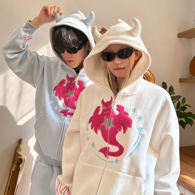 苏新皓同款梁拌泡菜复古小恶魔角连帽卫衣男女原创宽松休闲百搭