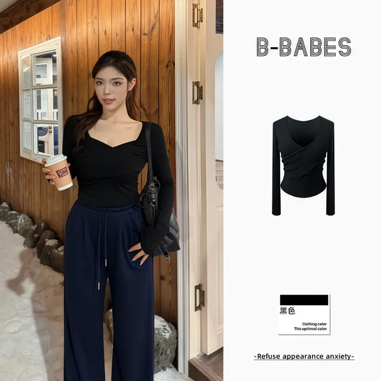 B-babes【黑色纽带】大码纯欲交叉V领性感显瘦长袖加绒质感打底上衣