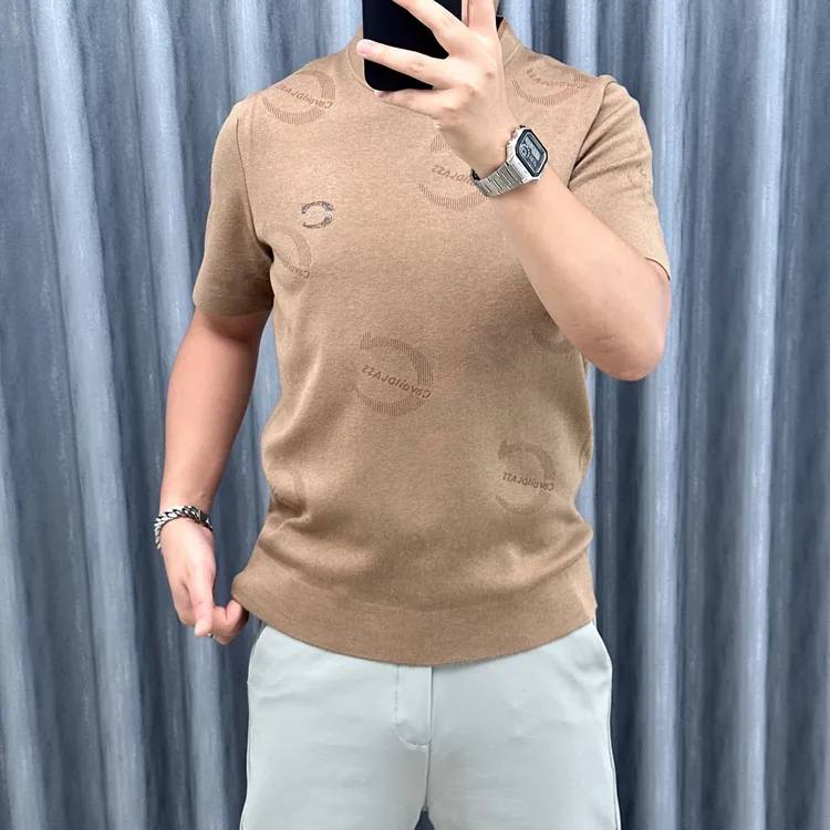 欧货秋冬季轻奢休闲商务男士圆领毛衣打底衫高级感提花短袖针织衫
