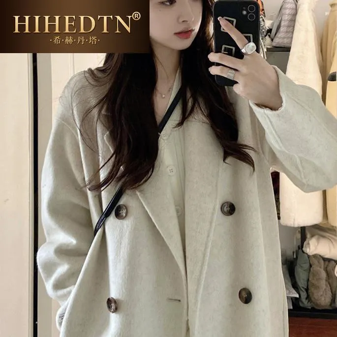 希赫丹塔燕麦色大衣女外套女秋冬高级感新款羊绒呢韩系加厚羊毛呢