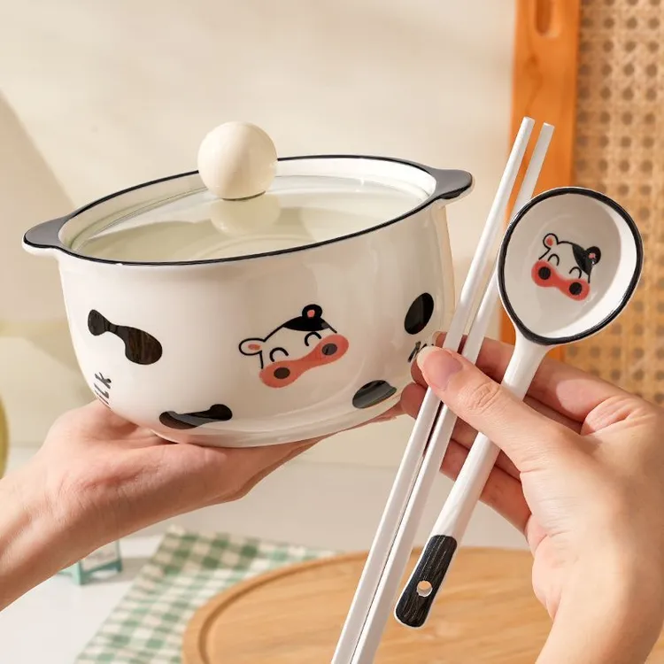 奶午陶瓷泡面碗带盖高颜值学生宿舍食堂打饭双耳汤面碗螺蛳粉碗LW