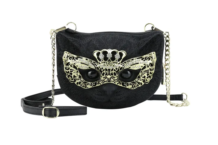 耐磨3D立体单肩手拉拉链斜挎包轻奢精致猫米手工镶钻时尚百搭黑色