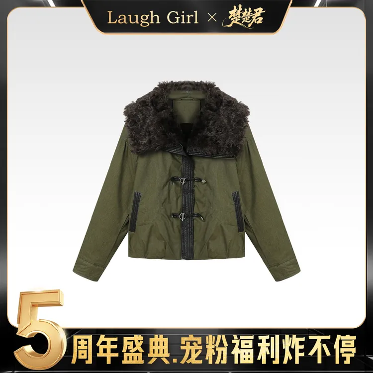 楚楚君 Laugh girl【冬季氛围】大翻领加绒加厚拼皮短外套WL55022J