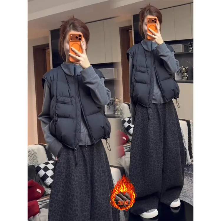 拉夏贝尔时尚套装女2025冬洋气马甲立领加绒卫衣阔腿裤休闲三件套