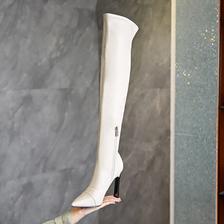 xy5298h韩版时装靴女侧拉链新款皮面过膝瘦瘦靴尖头细跟10cm长靴