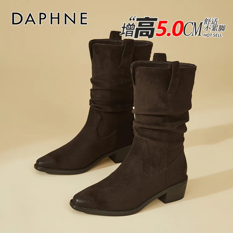 达芙妮靴子女2025秋冬新款气质尖头高跟短靴加绒美拉德复古堆堆靴