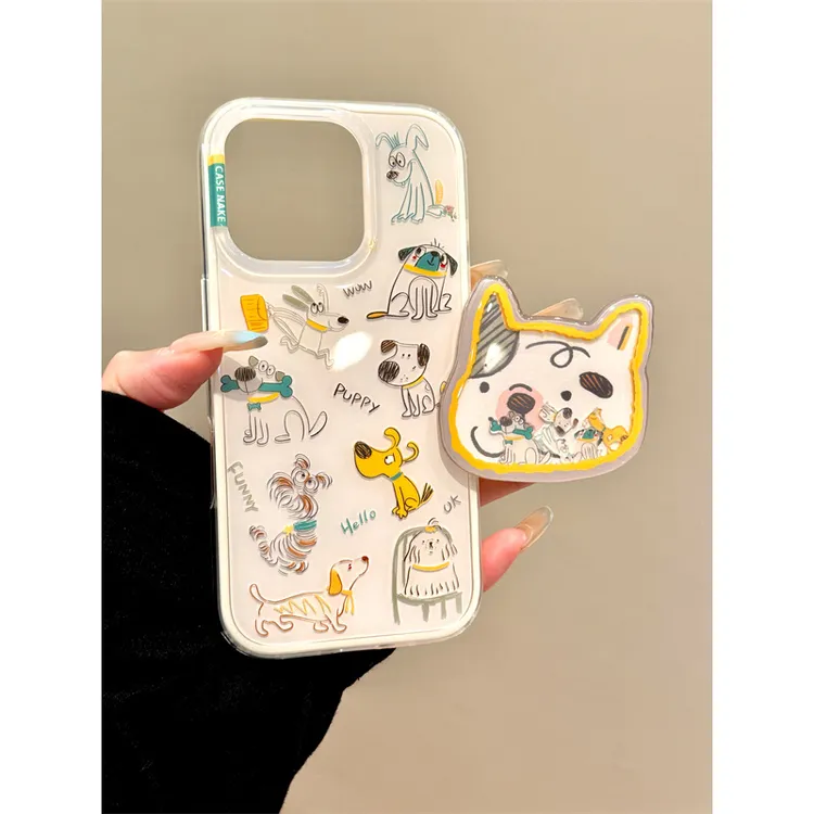 适用苹果iphone16promax韩系狗狗15pro摇摇支架14防摔13ins手机壳