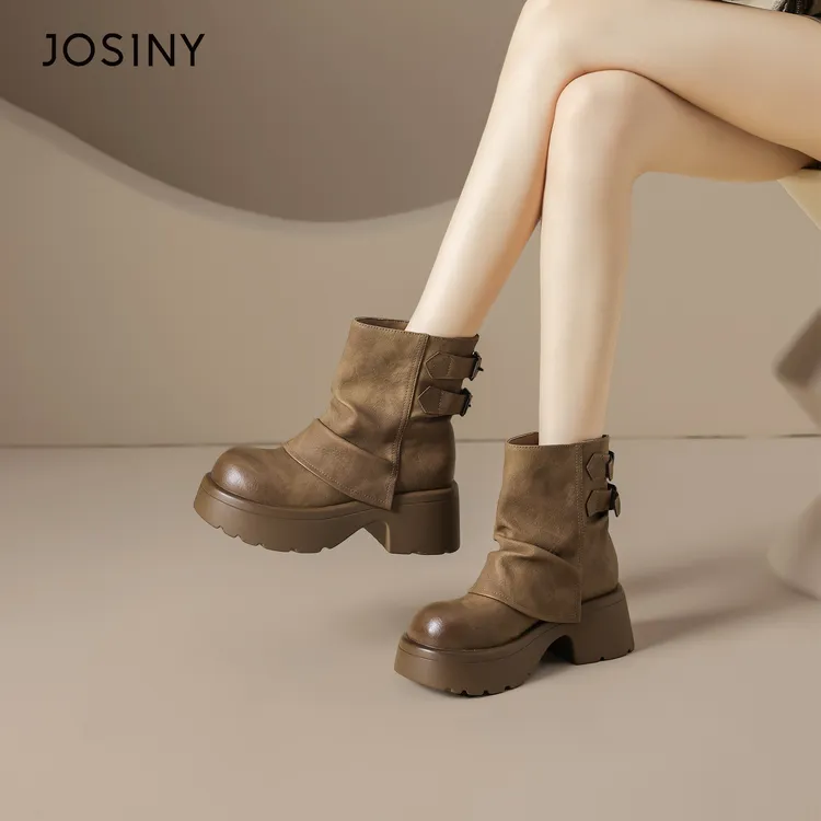 卓诗尼厚底马丁靴女款2025新款秋冬棕色短靴子巨好看美拉德裤管靴