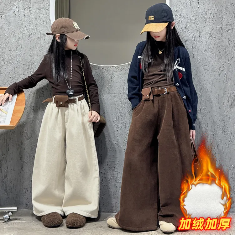 女童灯芯绒加绒阔腿裤套装2025冬季中大童美拉德复古加厚休闲长裤