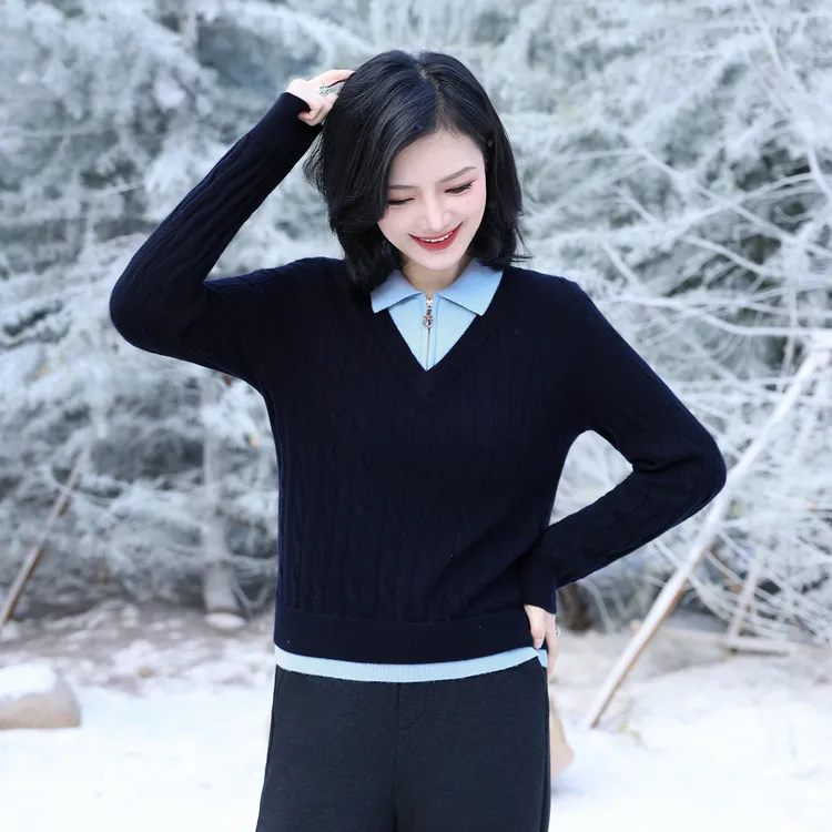 【假两件针织衫】枫竺阿楠anan半拉链翻领麻花羊毛针织衫保暖毛衣