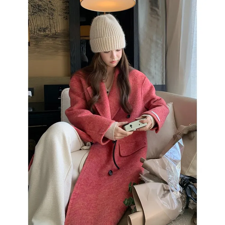 韩系爆款双面羊绒大衣女2024冬新款超好看气质宽松双排扣毛呢外套