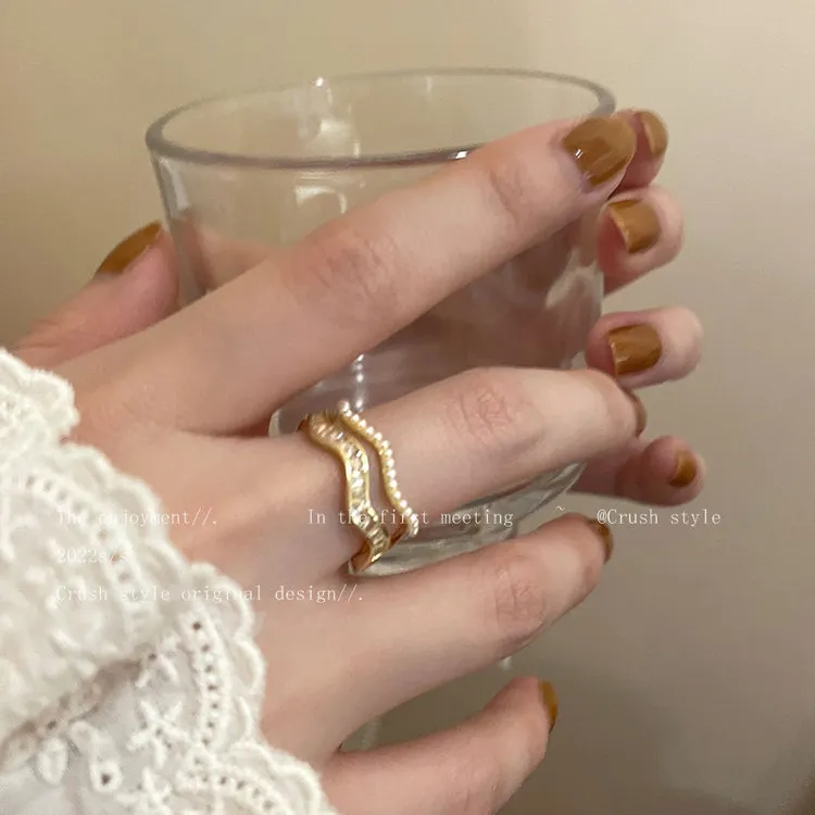 铜合金戒指 双层波浪珍珠开口戒指女时尚个性食指戒潮轻奢高级感