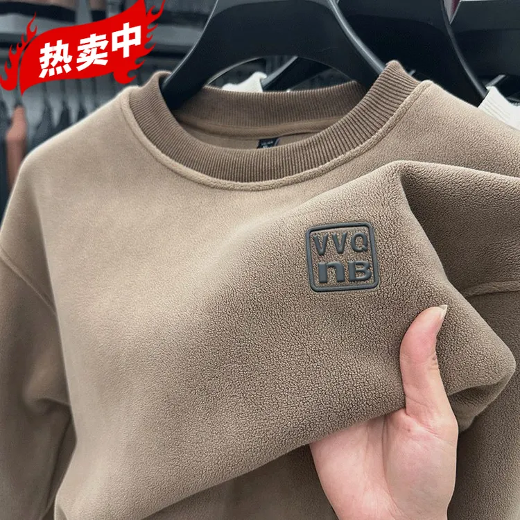 男士冬季双面加厚澳粒绒圆领保暖休闲时尚纯色加绒抓绒卫衣潮流
