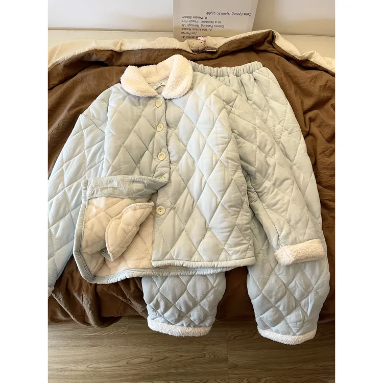 法式甜美风小熊印花夹棉睡衣女冬季2025新款保暖加厚家居服套装冬