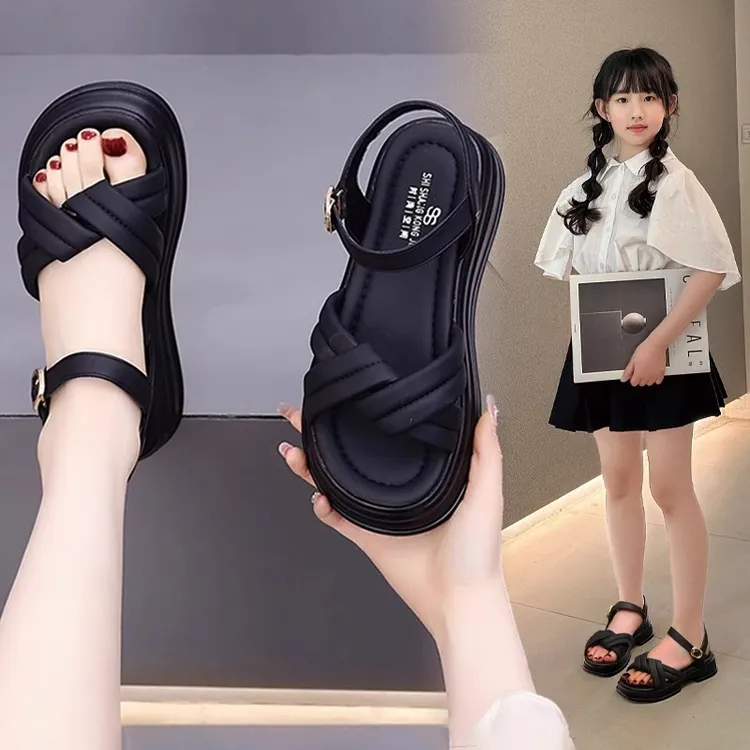 女童夏季软底凉鞋2025新款爆款防滑公主儿童夏款中大童黑色沙滩鞋