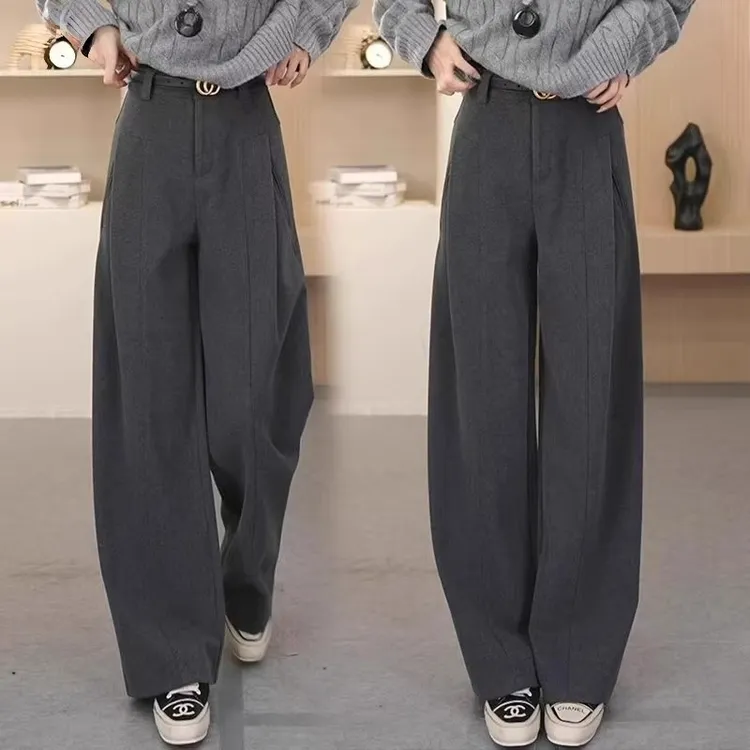 拉夏贝尔高品质加绒羊毛呢风琴裤女2025秋冬新款月岩灰显瘦休闲裤