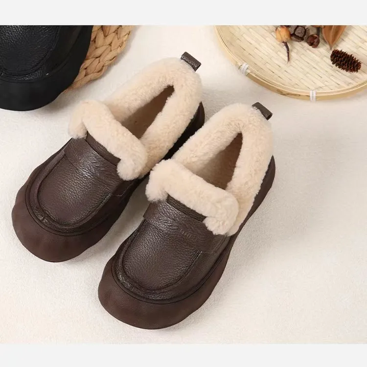 麻享【真皮乐福鞋·加绒】羊羔毛女圆头皮鞋单鞋荔枝纹平底FSY50825A