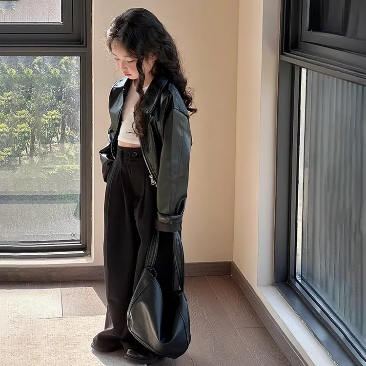 女童西装套装春装2025新款儿童女孩洋气炸街皮衣外套酷飒风西装裤