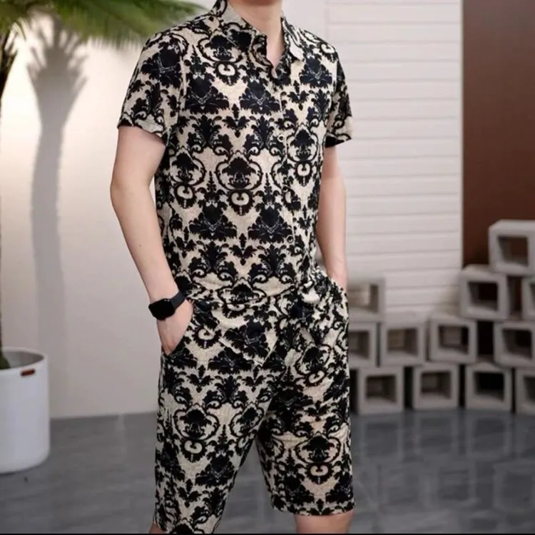 Mexican/稻草人夏季男士痞帅冰丝套装休闲时尚衬衫短袖薄款欧若风