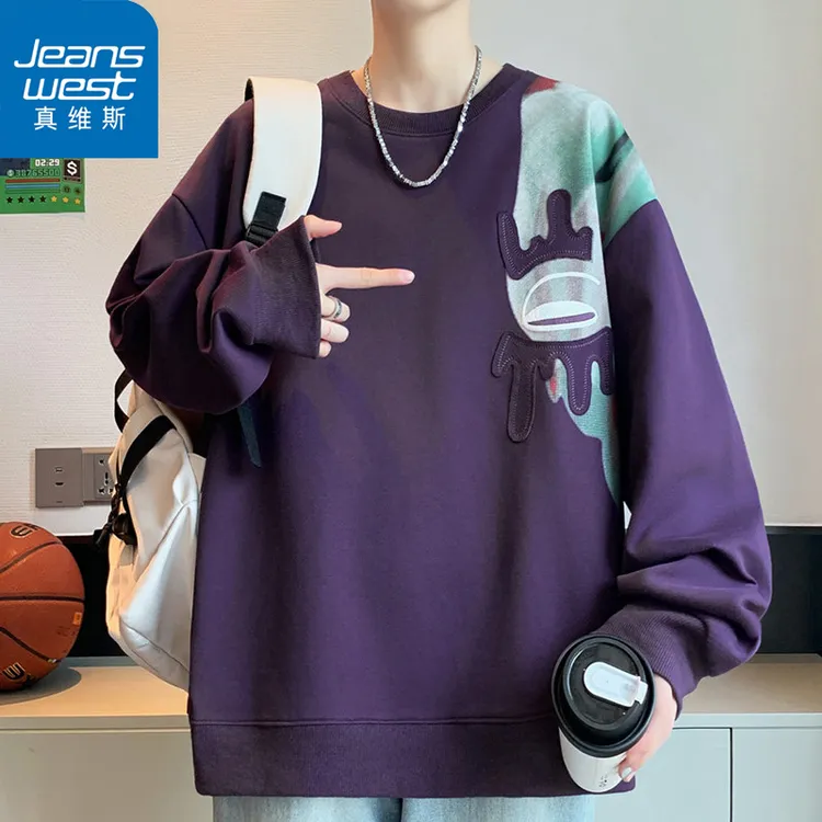 Jeanswest/真维斯港风卫衣男宽松贴布印花青少年秋套头圆领长袖T