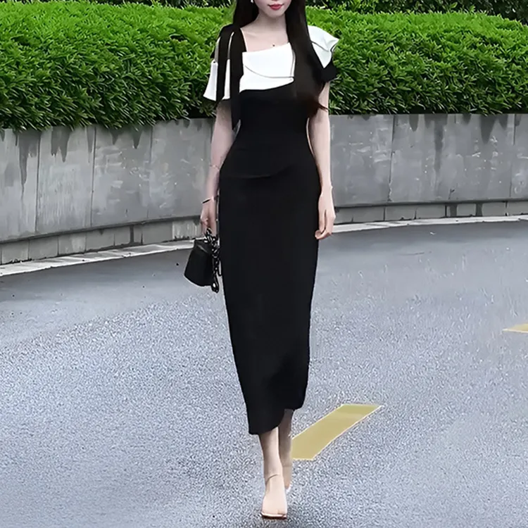 欧洲站法式气质撞色露肩连衣裙女2025夏季新款修身显瘦高级感长裙