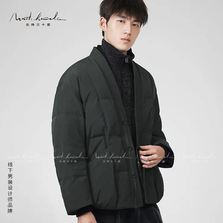 北纬三十度25冬季男士【优质90白鸭绒】保暖抗寒道袍无领西装羽绒服