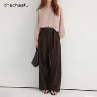 CHACHASTU 气质简约高腰直筒阔腿裤款宽松显瘦褶皱休闲裤K14