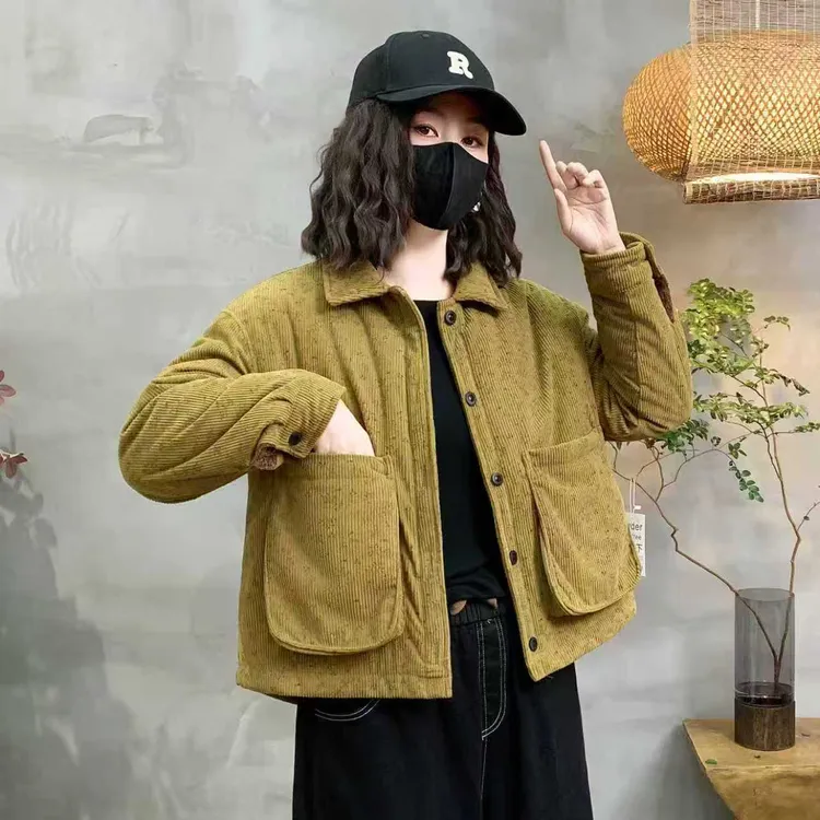 【加绒加厚】冬季宽松大口袋印花棉服外套复古时尚休闲保暖棉袄女装