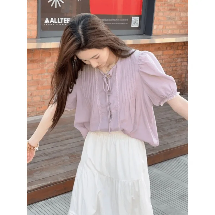 紫色温柔系短袖气质衬衫女2025夏季新款显瘦衬衣独特超好看上衣潮