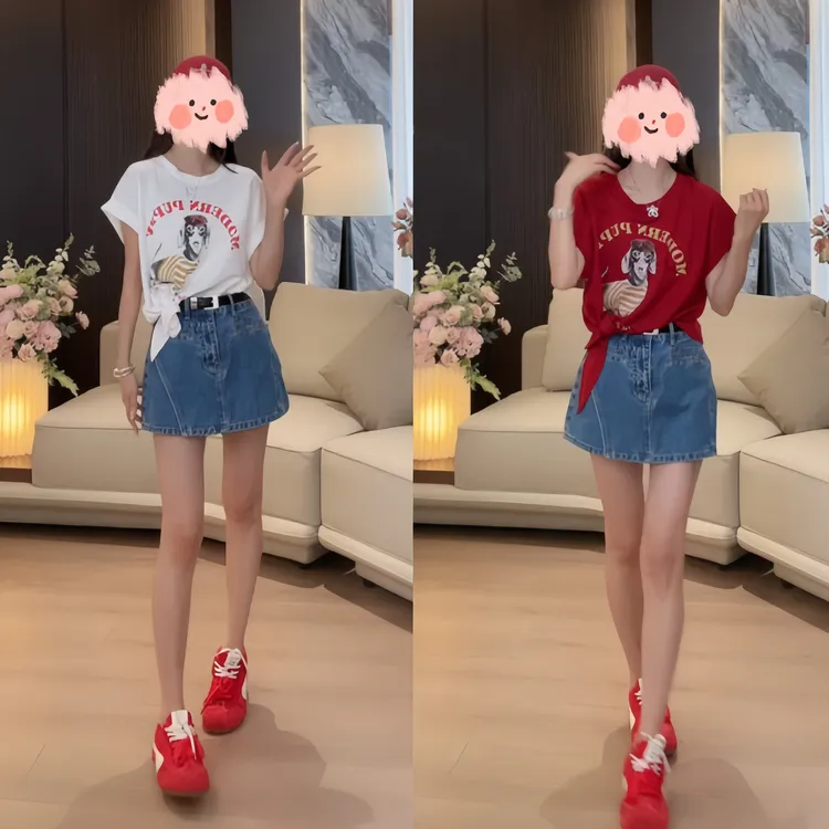 夏季新款圆领美式复古狗狗绑带短袖上衣+百搭时尚设计款牛仔裙裤