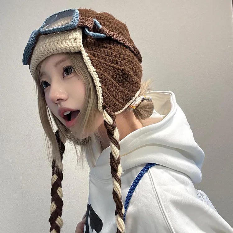 檀健次同款眼镜可拆卸毛线帽子女搞怪护耳雷锋帽显脸小针织飞行帽