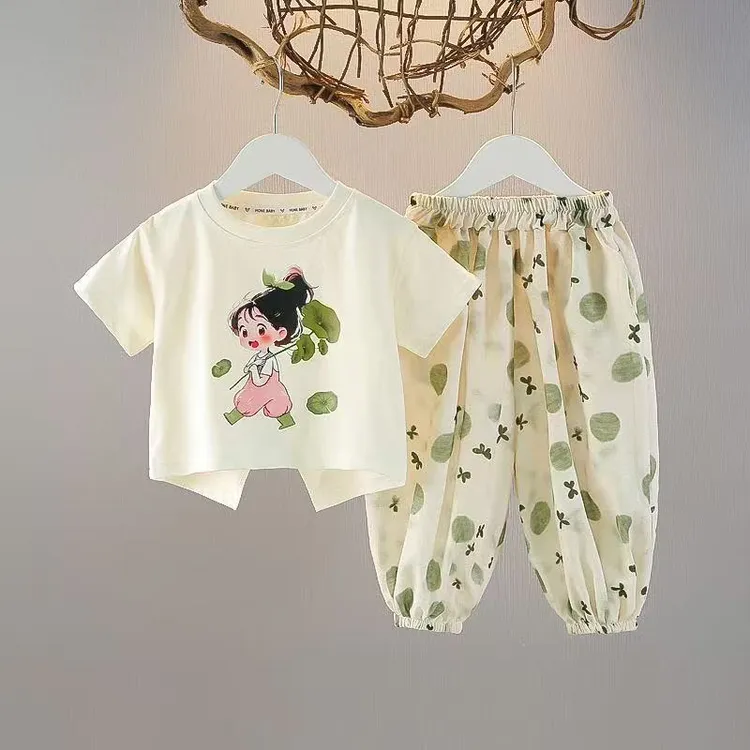 女童套装夏装短袖套装新款2025洋气夏季儿童薄款防蚊裤两件套宝宝