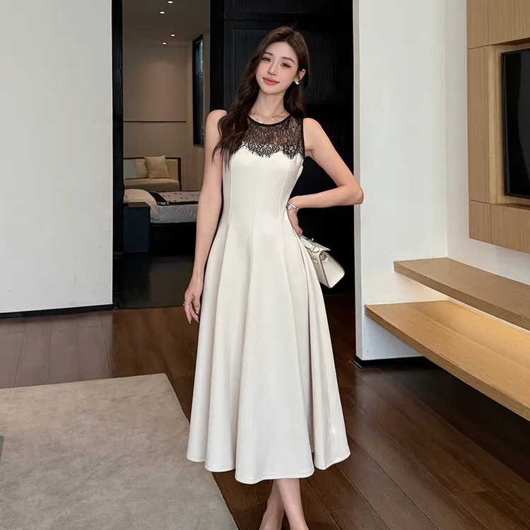 法式气质蕾丝拼接无袖连衣裙女高级感收腰显瘦别致长裙