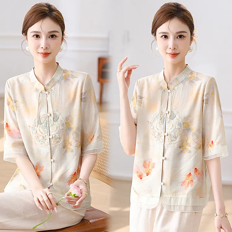 妈妈夏装短袖衬衫新款中老年女装夏季国风雪纺气质上衣服