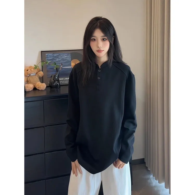 秋冬打底衫男正肩亨利领POLO衫美式潮牌解构拼接长袖秋季男卫衣