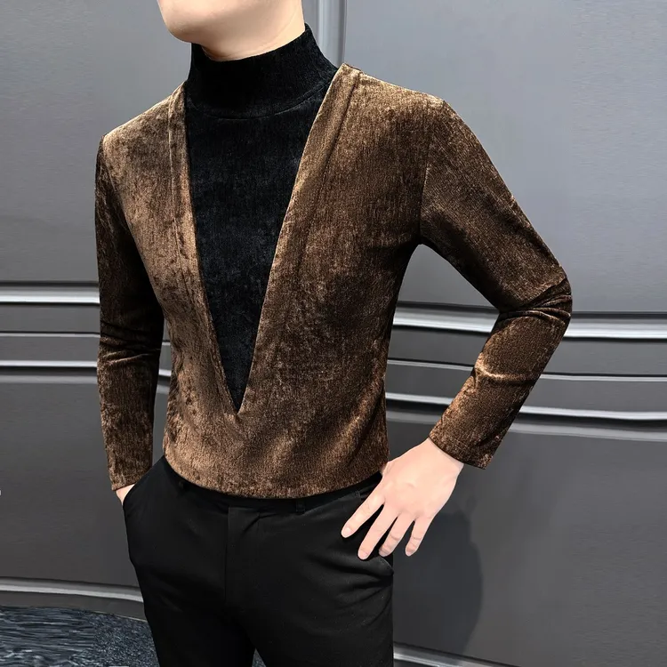 雪尼尔假两件男士打底衫半高领秋冬款高级感男装拼接男款长袖t恤