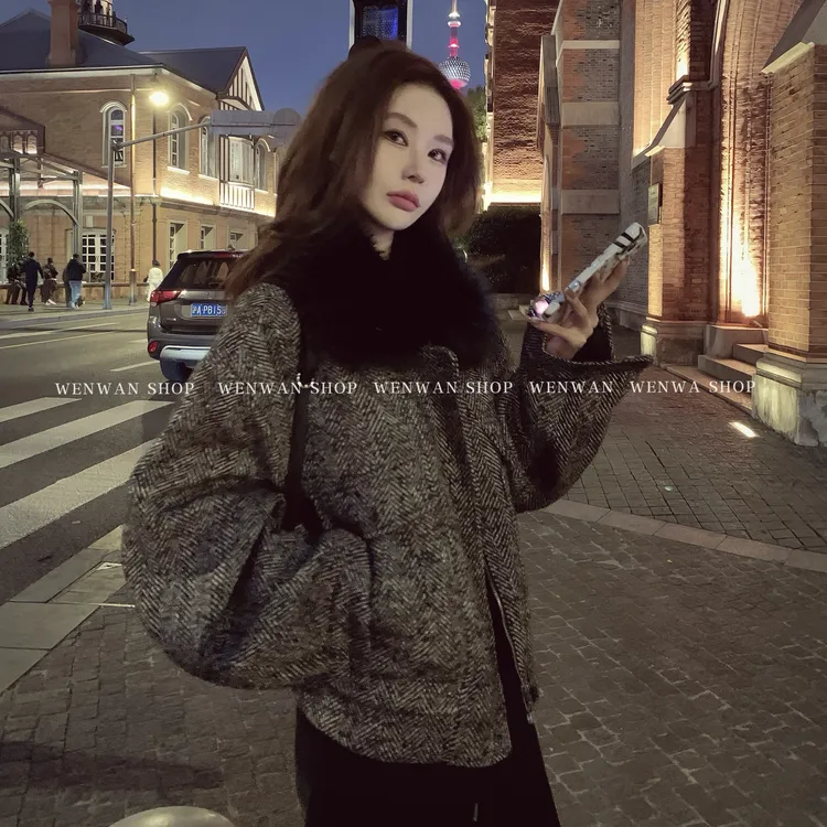 双十一狂欢价！【陪你过冬】粗纺毛呢翻领夹克女设计感宽松百搭棉服