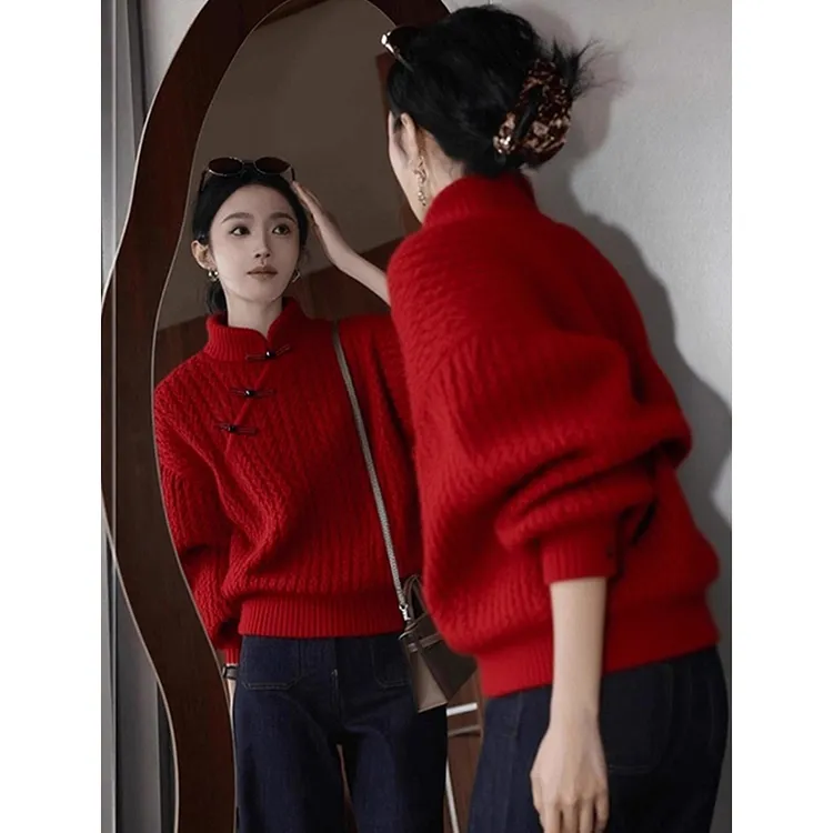 2025秋冬季高级感针织衫软糯慵懒风减龄新中式圣诞红色国风毛衣女