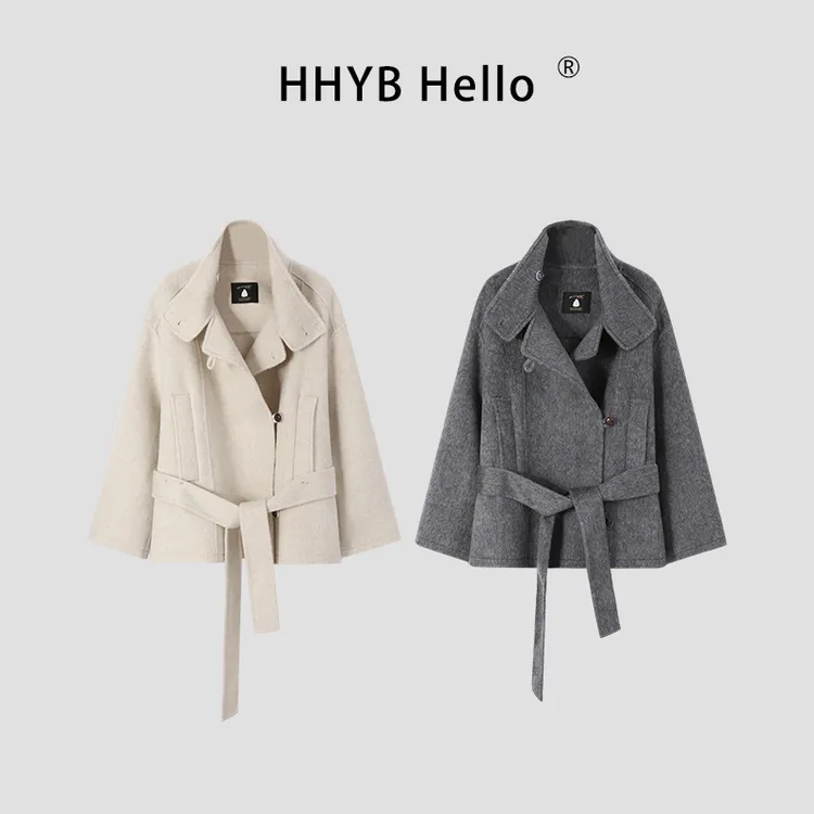 HHYB Hello2025秋冬季新款廓形全羊毛立领双面呢大衣女外套H70038