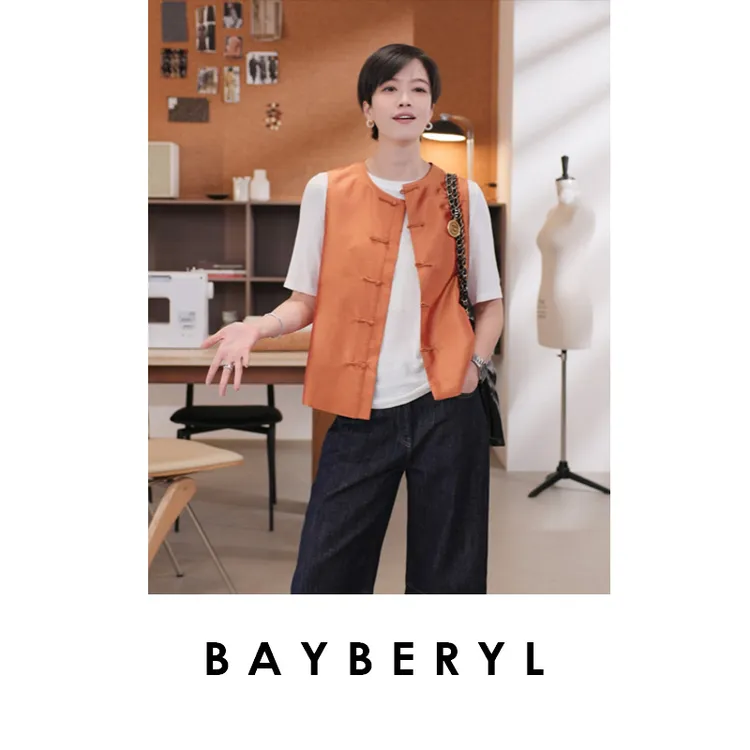 BAYBERYL老贝双宫*真S新中式盘扣圆领橘色无袖马甲9MJ5F2421