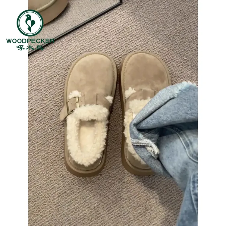啄木鸟厚底加绒勃肯鞋女百搭一脚蹬毛毛鞋雪地靴小个子休闲棉鞋子