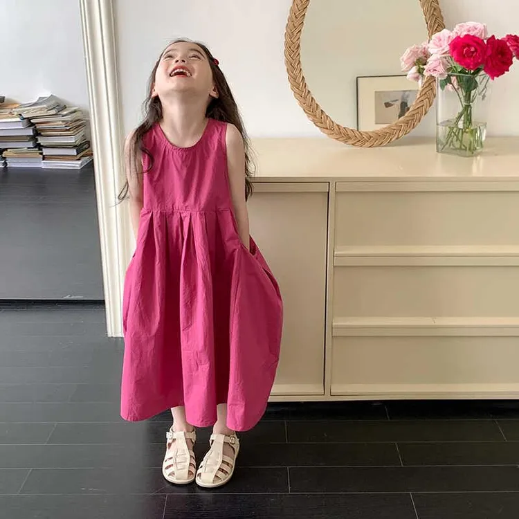 巴拉巴拉适用高级感纯棉女童连衣裙火龙果色夏款大口袋裙子儿童长