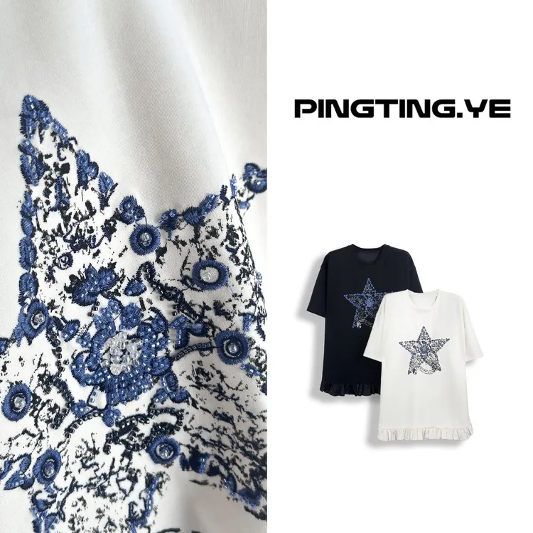 PINGTING.YE星星串珠刺绣宽松花边小众个性短袖T恤PT3213