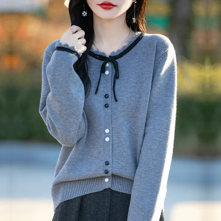小香风花边针织开衫外套女2025秋冬新款洋气上衣学院风蝴蝶结毛衣